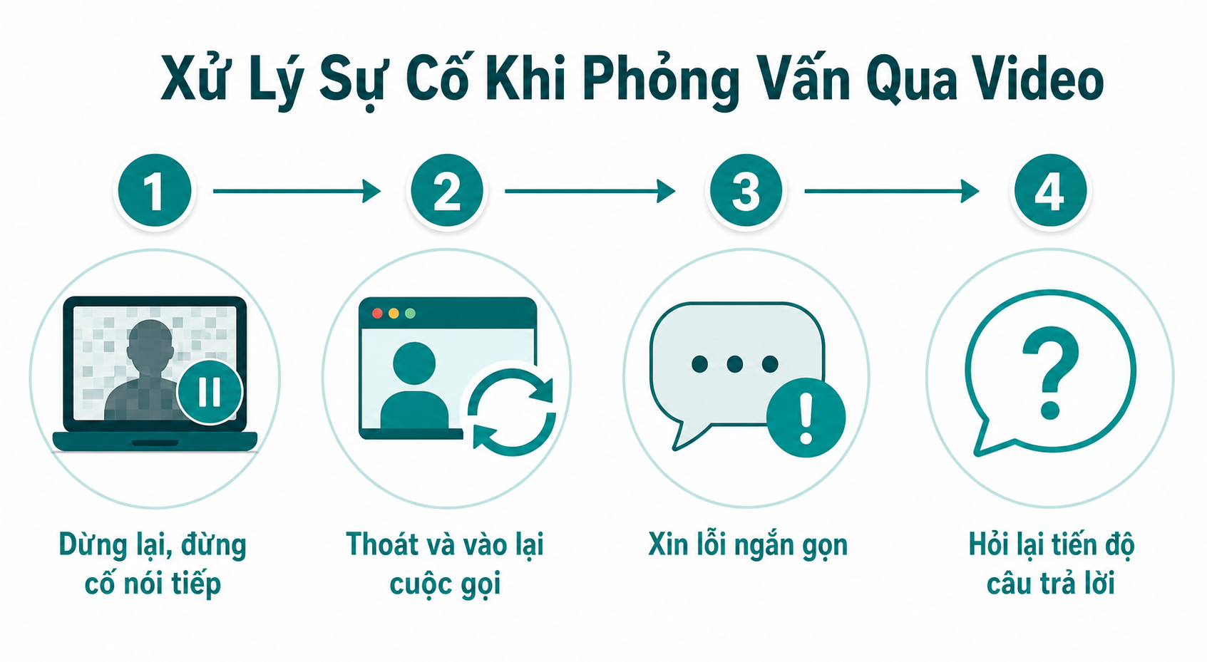 Infographic 4 bước xử lý sự cố khi phỏng vấn qua video: dừng lại đừng cố nói tiếp, thoát và vào lại cuộc gọi, xin lỗi ngắn gọn, hỏi lại tiến độ câu trả lời