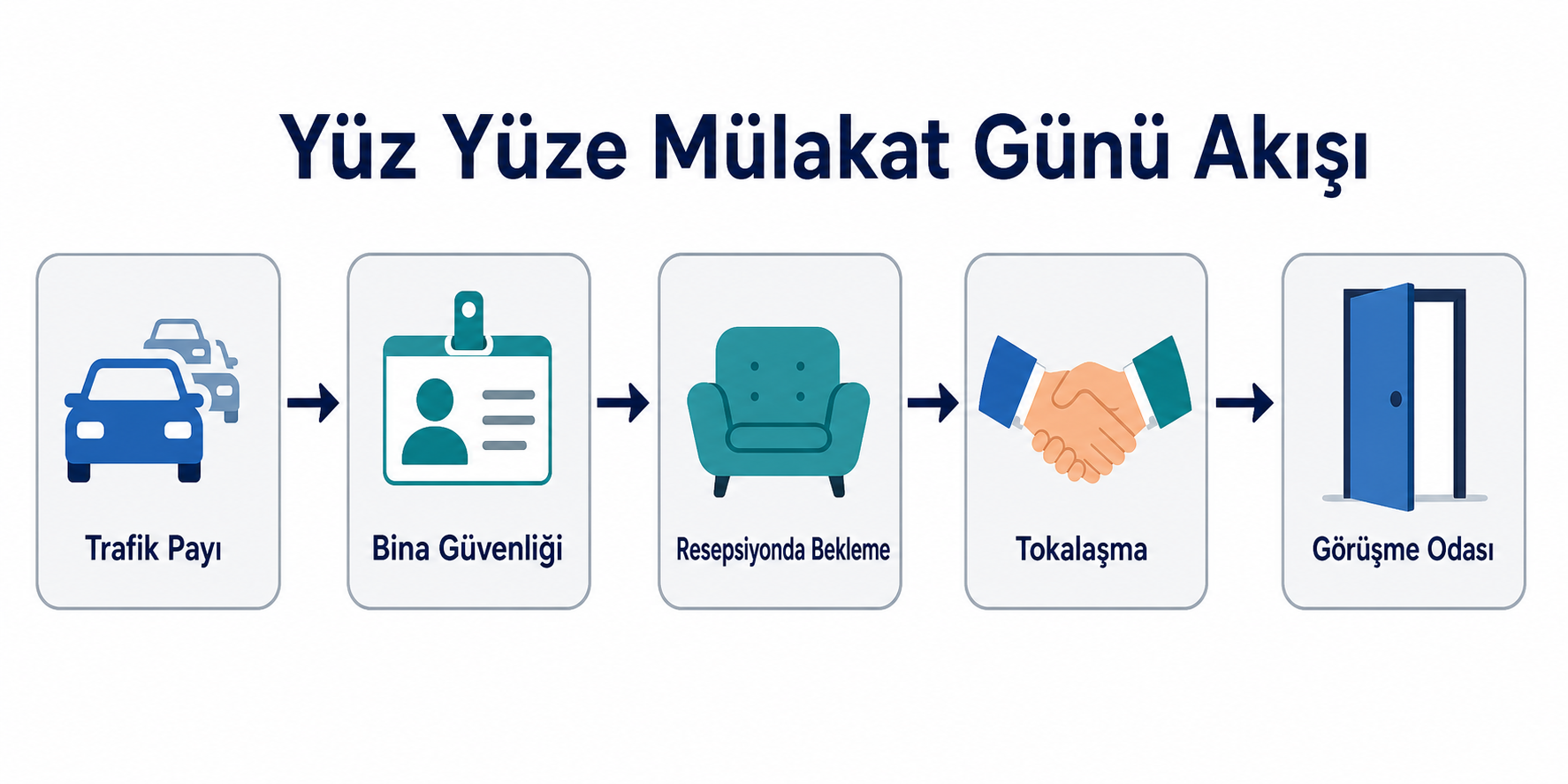 Yüz yüze mülakat günü akış şeması: evden çıkış ve trafik payı, bina güvenliğinde kimlik kontrolü, resepsiyonda bekleme, tokalaşma ve görüşme odasına giriş adımlarını gösteren beş adımlı süreç