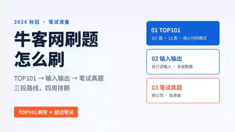 牛客网刷题怎么刷?TOP101、笔试真题、输入输出三段路线(2026秋招版)