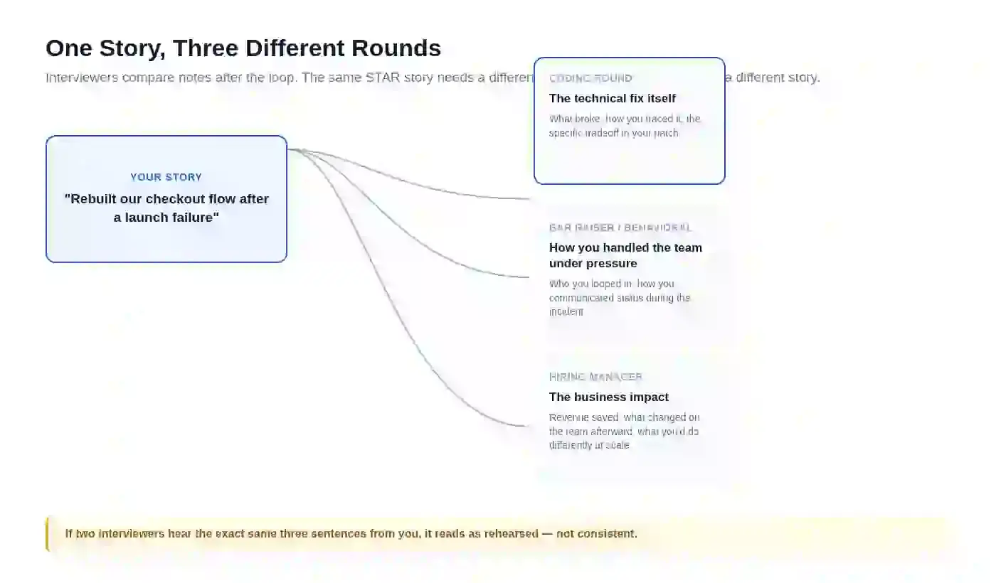 One story reframed three ways across a coding round, a bar-raiser round, and a hiring-manager round