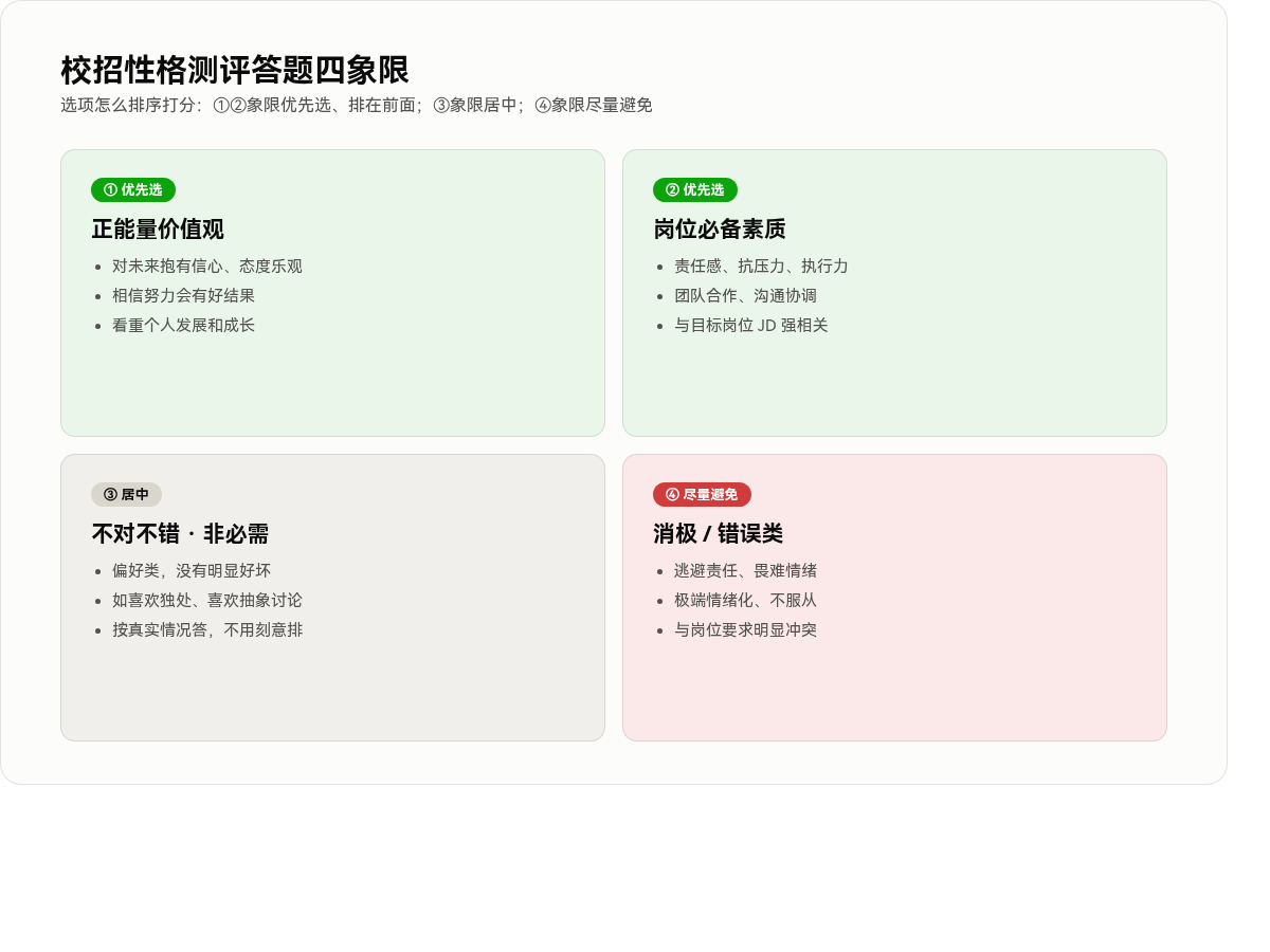 校招性格测评答题四象限:正能量价值观和岗位必备素质优先选,不对不错非必需的按真实情况答,消极错误类尽量避免